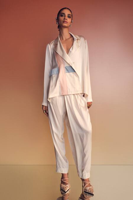 AK-OK Cream Silk Patchwork Collared Jacket And Trouser Set  9