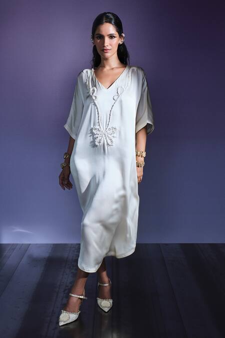 Shop_AK-OK_Cream Silk Beads V-neck Embellished Kaftan Dress _Online_at_Aza_Fashions