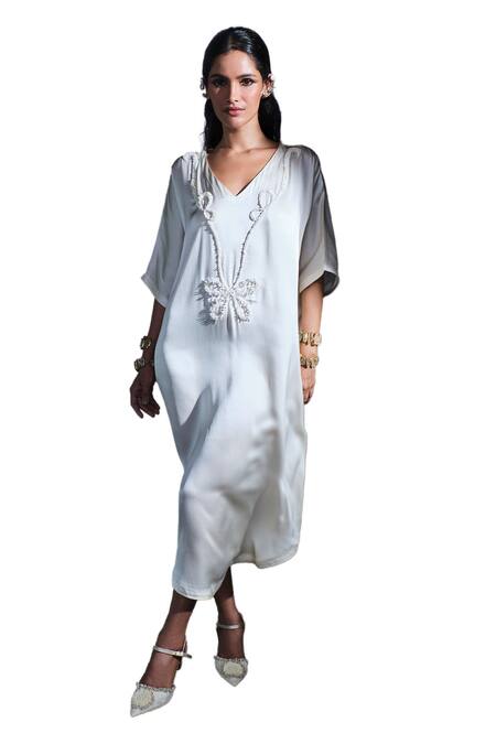 AK-OK_Cream Silk Beads V-neck Embellished Kaftan Dress _at_Aza_Fashions