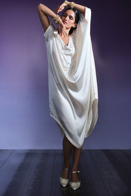 Shop_AK-OK_Cream Silk Beads V-neck Embellished Kaftan Dress 