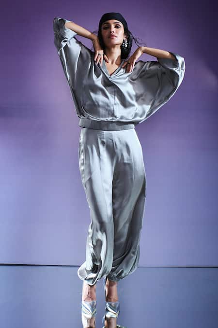 AK-OK_Grey Silk V-neck Sweatshirt And Joggers Set _Online_at_Aza_Fashions