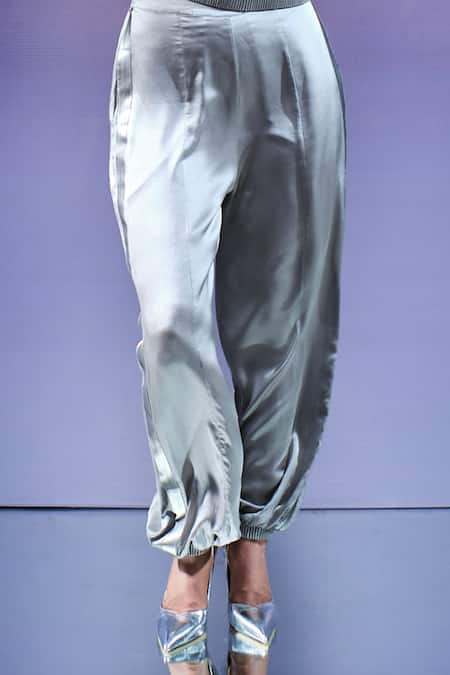 Shop_AK-OK_Grey Silk V-neck Sweatshirt And Joggers Set _Online_at_Aza_Fashions
