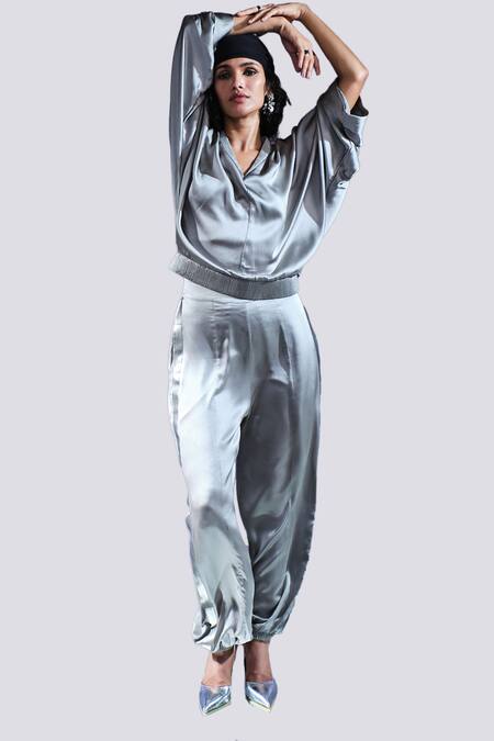 AK-OK_Grey Silk V-neck Sweatshirt And Joggers Set _at_Aza_Fashions