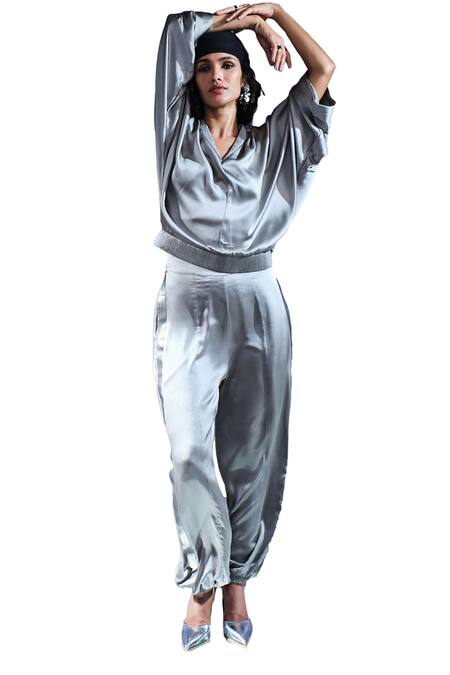 Buy_AK-OK_Grey Silk V-neck Sweatshirt And Joggers Set 