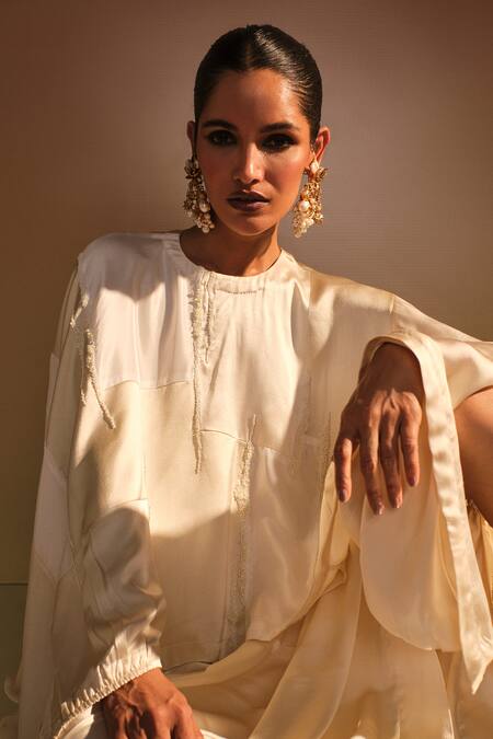 AK-OK_Cream Silk Placement Embellished Cape And Lungi Skirt Set _Online_at_Aza_Fashions