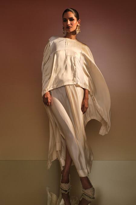 Buy_AK-OK_Cream Silk Placement Embellished Cape And Lungi Skirt Set 