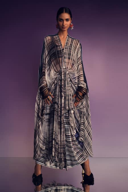 Buy_AK-OK_Multi Color Silk Plunge Neck Checkered Print Wrap With Dress _Online_at_Aza_Fashions