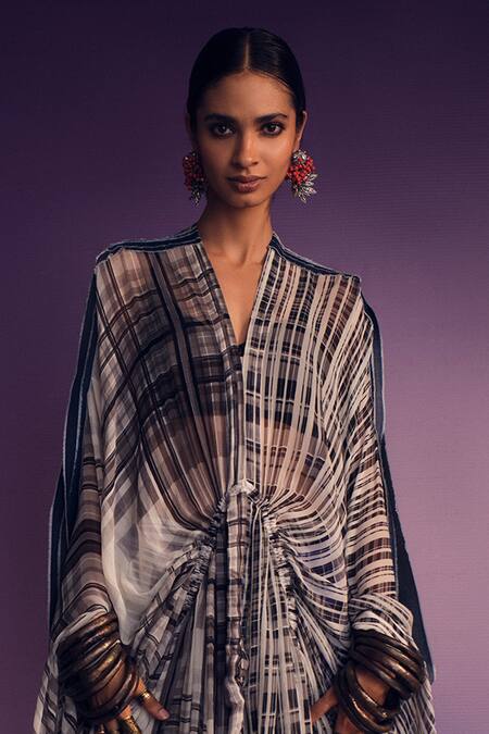 Shop_AK-OK_Multi Color Silk Plunge Neck Checkered Print Wrap With Dress _Online_at_Aza_Fashions