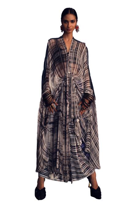 AK-OK_Multi Color Silk Plunge Neck Checkered Print Wrap With Dress _at_Aza_Fashions