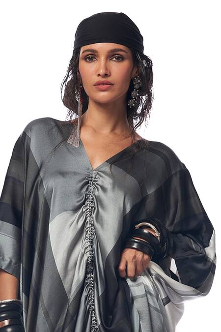 Buy_AK-OK_Multi Color Silk V-neck Stripe Print Kaftan Dress _Online_at_Aza_Fashions