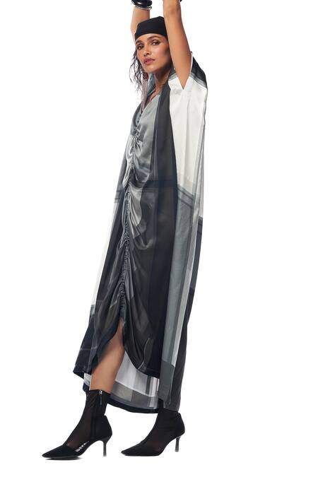 Shop_AK-OK_Multi Color Silk V-neck Stripe Print Kaftan Dress _Online_at_Aza_Fashions