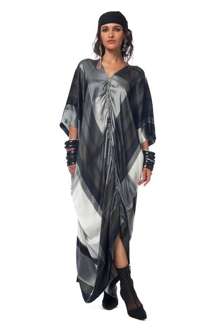 AK-OK_Multi Color Silk V-neck Stripe Print Kaftan Dress _at_Aza_Fashions