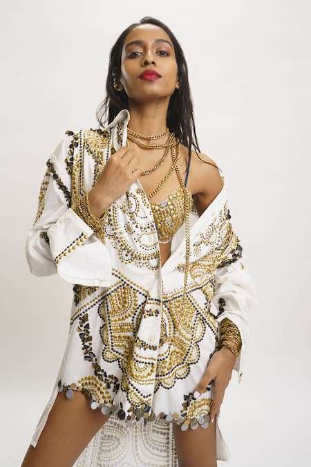 AK-OK_White Cotton Embroidery Collared Metallic Stud Embellished Shirt Dress _Online_at_Aza_Fashions