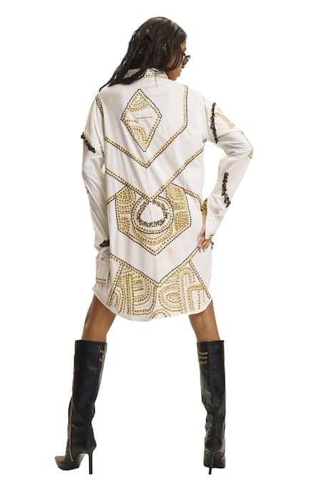 Shop_AK-OK_White Cotton Embroidery Collared Metallic Stud Embellished Shirt Dress _Online_at_Aza_Fashions