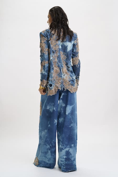 Shop_AK-OK_Blue Denim Sequins, Beads, Metallic Thread, Zari Embellished Blazer And Pant Set _at_Aza_Fashions