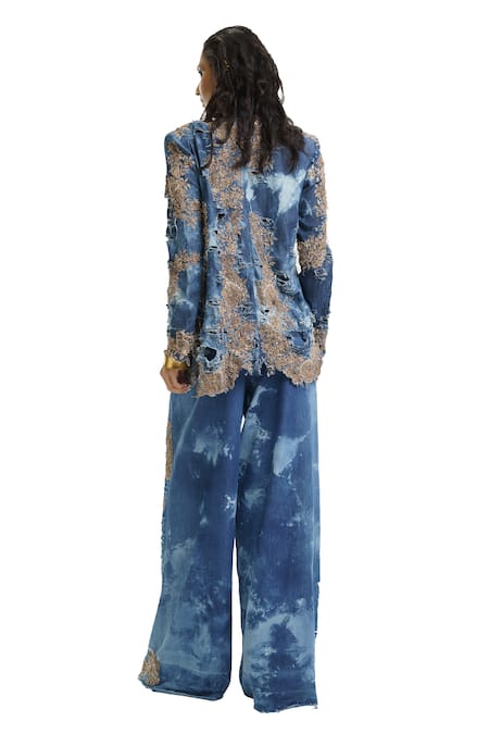 Buy_AK-OK_Blue Denim Sequins, Beads, Metallic Thread, Zari Embellished Blazer And Pant Set _Online_at_Aza_Fashions