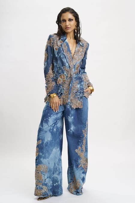 Shop_AK-OK_Blue Denim Sequins, Beads, Metallic Thread, Zari Embellished Blazer And Pant Set _Online_at_Aza_Fashions