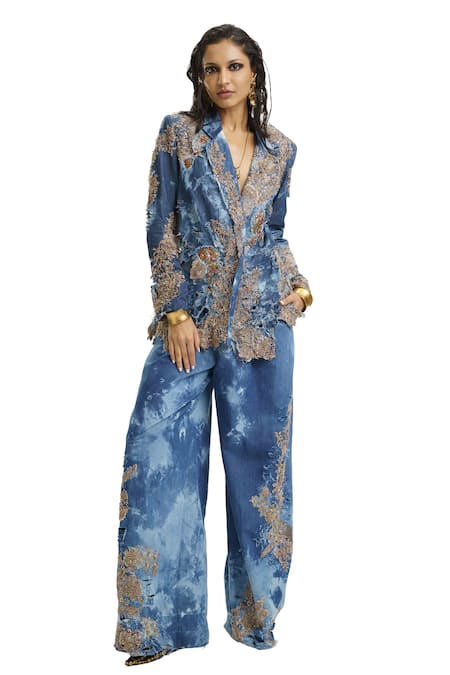 AK-OK_Blue Denim Sequins, Beads, Metallic Thread, Zari Embellished Blazer And Pant Set _at_Aza_Fashions