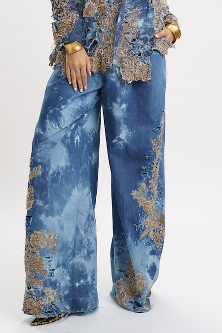 Buy_AK-OK_Blue Denim Sequins, Beads, Metallic Thread, Zari Embellished Blazer And Pant Set 