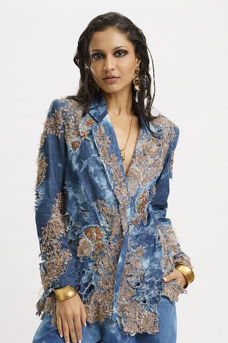 Shop_AK-OK_Blue Denim Sequins, Beads, Metallic Thread, Zari Embellished Blazer And Pant Set 