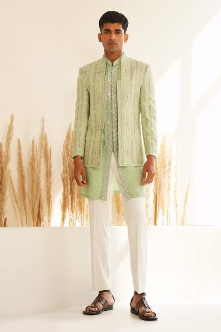 Shop Shreyansh Designs Green Silk, Cotton Sequins, Beads Vayuna Leaf Embroidered Kurta Set Shop_Shreyansh Designs_Green Silk, Cotton Sequins, Beads Vayuna Leaf Embroidered Kurta Set