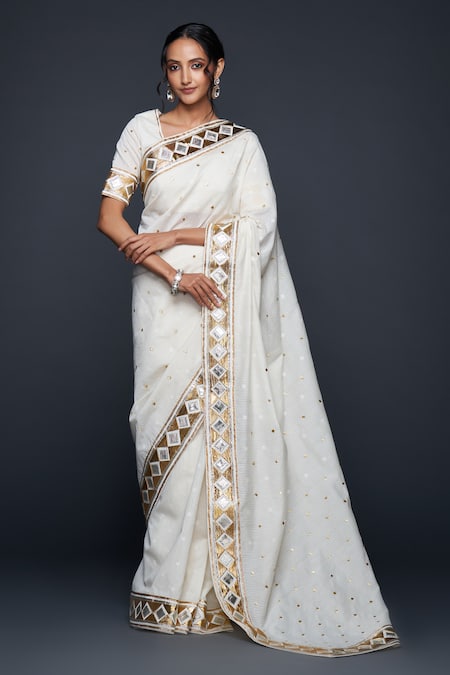 Gulabo By Abu Sandeep Off White Jacquard Gota Patti Border Embellished Saree Online at Aza Fashions Gulabo By Abu Sandeep_Off White Jacquard Gota Patti Border Embellished Saree _Online_at_Aza_Fashions