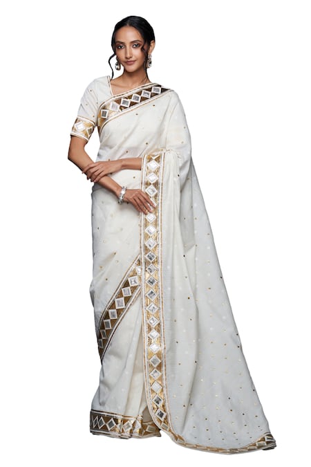 Shop Gulabo By Abu Sandeep Off White Jacquard Gota Patti Border Embellished Saree Online at Aza Fashions Shop_Gulabo By Abu Sandeep_Off White Jacquard Gota Patti Border Embellished Saree _Online_at_Aza_Fashions