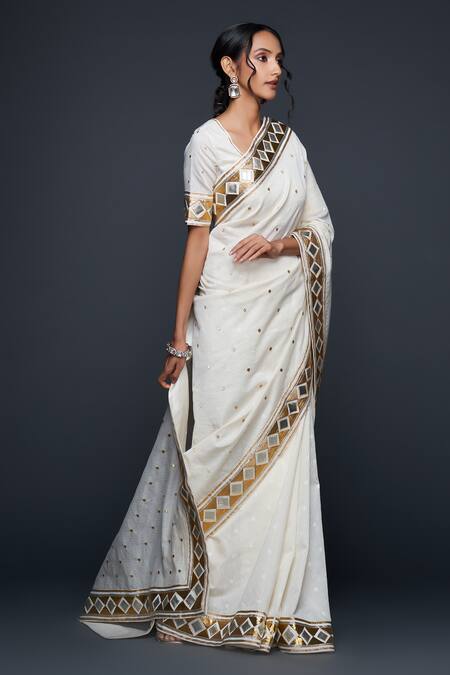 Gulabo By Abu Sandeep Off White Jacquard Gota Patti Border Embellished Saree at Aza Fashions Gulabo By Abu Sandeep_Off White Jacquard Gota Patti Border Embellished Saree _at_Aza_Fashions