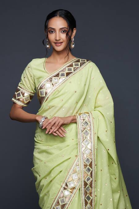 Buy_Gulabo By Abu Sandeep_Green Jacquard Gota Patti Barfi Pattern Bordered Saree _Online_at_Aza_Fashions
