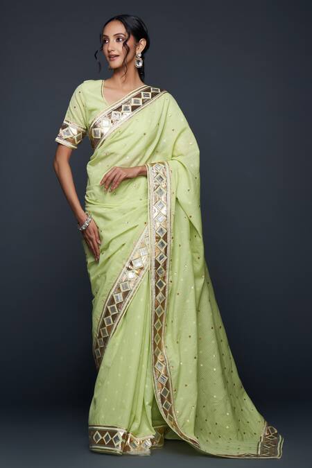Shop_Gulabo By Abu Sandeep_Green Jacquard Gota Patti Barfi Pattern Bordered Saree _Online_at_Aza_Fashions