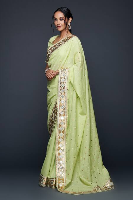Gulabo By Abu Sandeep_Green Jacquard Gota Patti Barfi Pattern Bordered Saree _at_Aza_Fashions
