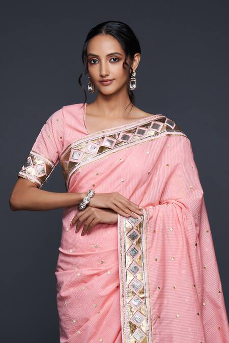 Gulabo By Abu Sandeep Peach Jacquard Gota Patti Embellished Bordered Saree Online at Aza Fashions Gulabo By Abu Sandeep_Peach Jacquard Gota Patti Embellished Bordered Saree _Online_at_Aza_Fashions