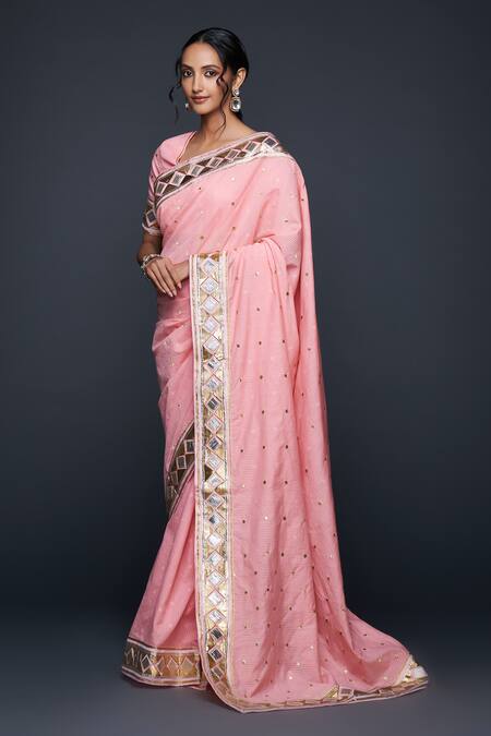 Shop Gulabo By Abu Sandeep Peach Jacquard Gota Patti Embellished Bordered Saree Online at Aza Fashions Shop_Gulabo By Abu Sandeep_Peach Jacquard Gota Patti Embellished Bordered Saree _Online_at_Aza_Fashions