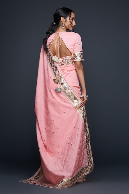 Shop Gulabo By Abu Sandeep Peach Jacquard Gota Patti Embellished Bordered Saree at Aza Fashions Shop_Gulabo By Abu Sandeep_Peach Jacquard Gota Patti Embellished Bordered Saree _at_Aza_Fashions