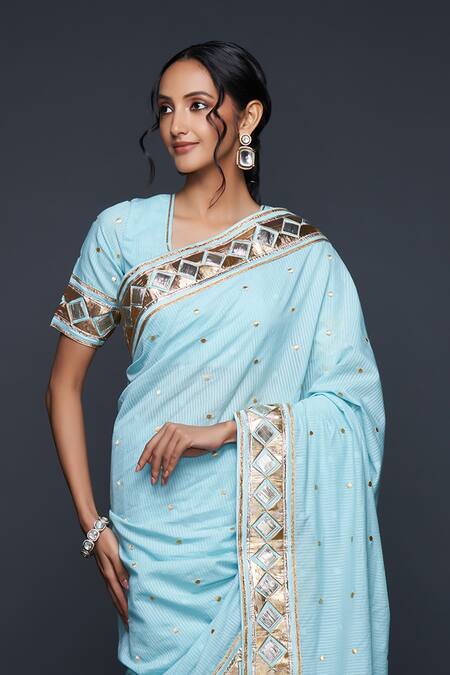 Gulabo By Abu Sandeep Blue Jacquard Gota Patti Polka Dot Embellished Saree Online at Aza Fashions Gulabo By Abu Sandeep_Blue Jacquard Gota Patti Polka Dot Embellished Saree _Online_at_Aza_Fashions