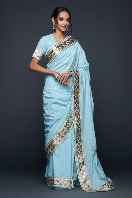 Shop Gulabo By Abu Sandeep Blue Jacquard Gota Patti Polka Dot Embellished Saree Online at Aza Fashions Shop_Gulabo By Abu Sandeep_Blue Jacquard Gota Patti Polka Dot Embellished Saree _Online_at_Aza_Fashions