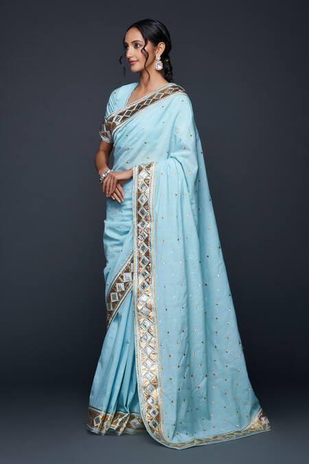 Gulabo By Abu Sandeep Blue Jacquard Gota Patti Polka Dot Embellished Saree at Aza Fashions Gulabo By Abu Sandeep_Blue Jacquard Gota Patti Polka Dot Embellished Saree _at_Aza_Fashions