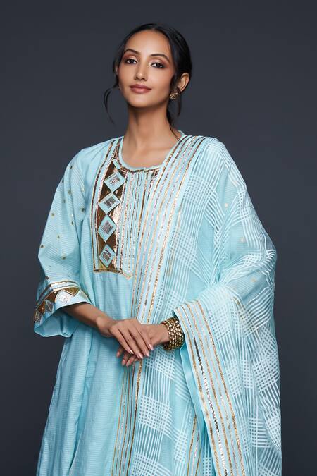 Gulabo By Abu Sandeep_Blue Jamdani Embellished Gota Checkered Pattern Sheer Dupatta _Online_at_Aza_Fashions