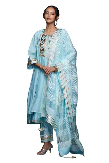 Buy_Gulabo By Abu Sandeep_Blue Jamdani Embellished Gota Checkered Pattern Sheer Dupatta _Online_at_Aza_Fashions