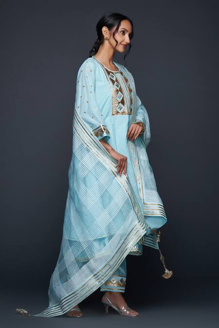 Shop_Gulabo By Abu Sandeep_Blue Jamdani Embellished Gota Checkered Pattern Sheer Dupatta _Online_at_Aza_Fashions