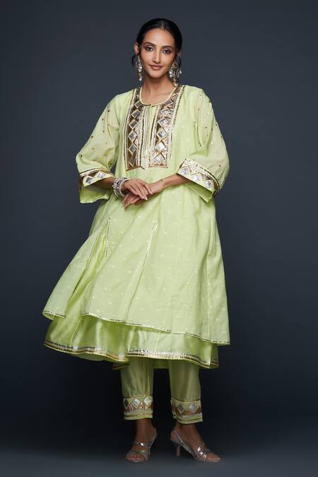 Shop_Gulabo By Abu Sandeep_Green Jamdani Embellished Gota Round Polka Dot Pattern Layered Kurta  _Online_at_Aza_Fashions