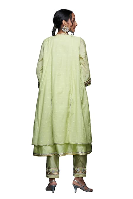 Gulabo By Abu Sandeep_Green Jamdani Embellished Gota Round Polka Dot Pattern Layered Kurta  _at_Aza_Fashions
