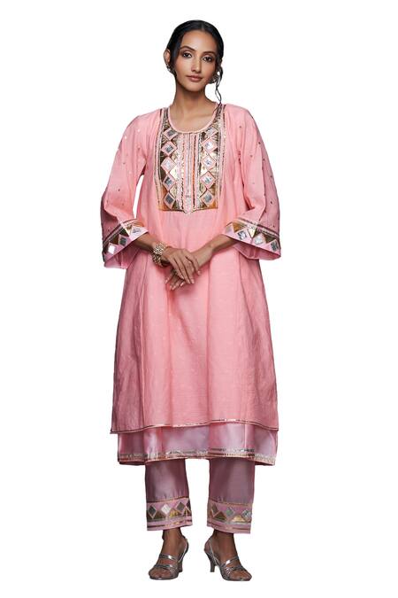 Gulabo By Abu Sandeep Peach Jamdani Embellished Gota Round Yoke Layered Kurta Online at Aza Fashions Gulabo By Abu Sandeep_Peach Jamdani Embellished Gota Round Yoke Layered Kurta _Online_at_Aza_Fashions