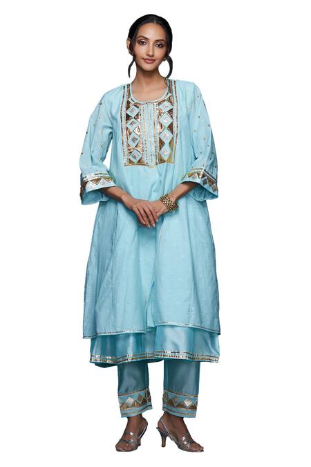 Gulabo By Abu Sandeep Blue Jamdani Embellished Gota Round Placement Layered Kurta Online at Aza Fashions Gulabo By Abu Sandeep_Blue Jamdani Embellished Gota Round Placement Layered Kurta _Online_at_Aza_Fashions