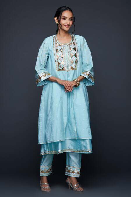 Buy Gulabo By Abu Sandeep Blue Jamdani Embellished Gota Round Placement Layered Kurta Online at Aza Fashions Buy_Gulabo By Abu Sandeep_Blue Jamdani Embellished Gota Round Placement Layered Kurta _Online_at_Aza_Fashions