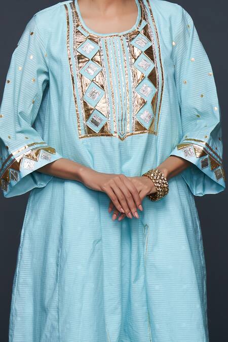 Shop Gulabo By Abu Sandeep Blue Jamdani Embellished Gota Round Placement Layered Kurta Online at Aza Fashions Shop_Gulabo By Abu Sandeep_Blue Jamdani Embellished Gota Round Placement Layered Kurta _Online_at_Aza_Fashions