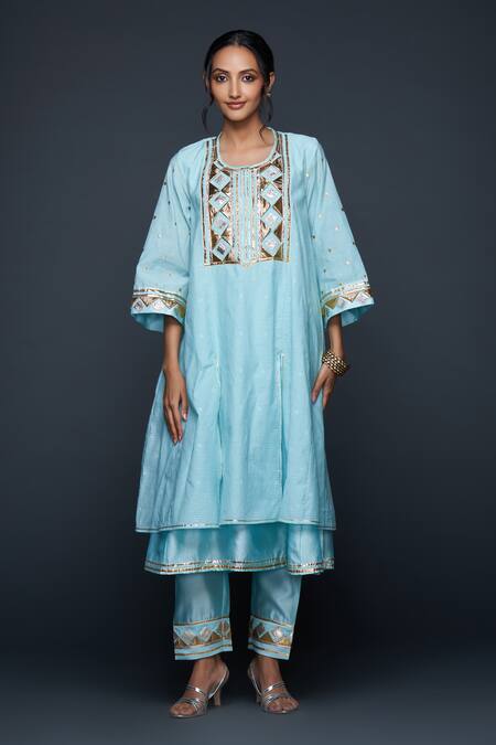 Gulabo By Abu Sandeep Blue Jamdani Embellished Gota Round Placement Layered Kurta at Aza Fashions Gulabo By Abu Sandeep_Blue Jamdani Embellished Gota Round Placement Layered Kurta _at_Aza_Fashions
