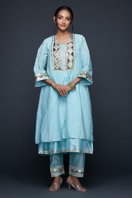 Gulabo by Abu Sandeep Blue Jamdani Embellished Gota Round Placement Layered Kurta  