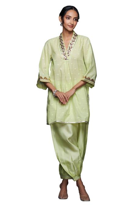 Buy Gulabo By Abu Sandeep Green Jacquard Gota Patti V-neck Applique Embellished Tunic Online at Aza Fashions Buy_Gulabo By Abu Sandeep_Green Jacquard Gota Patti V-neck Applique Embellished Tunic _Online_at_Aza_Fashions