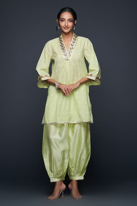 Gulabo by Abu Sandeep Green Jamdani Embellished Gota V Applique Tunic 